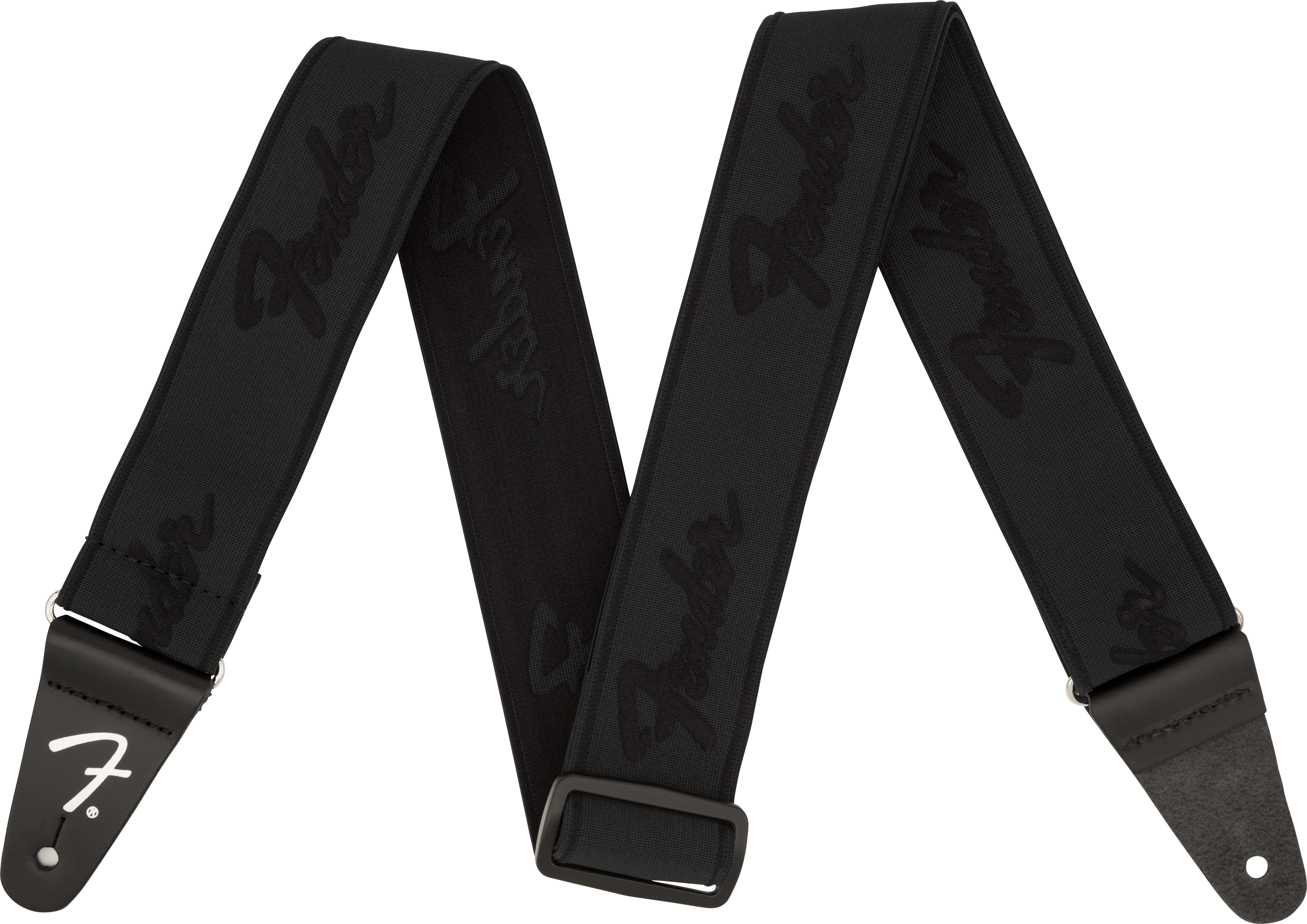 Fender Straps // WeighLess™ Running Logo Strap, Black/Black, 2"